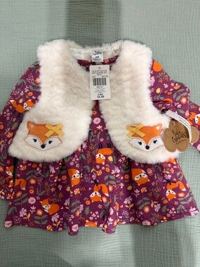 NWT Baby Essentials Fox Print Dress & Faux Fur Vest Set 6M Purple